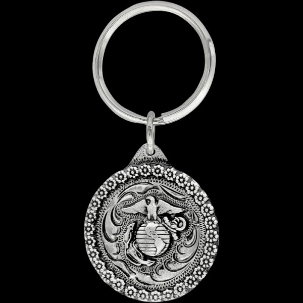 Marine Corps Keychain, Oorah! This Marine Corps keychain is made with a detailed berry border, the Marines globe and anchor symbol, and comes with a key ring attachment. Each sil